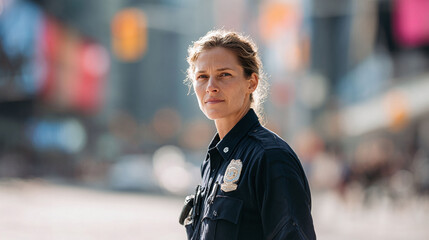 Focused portrait of a determined female officer in uniform. Symbol of authority, safety, and public service against an urban backdrop. Strong, professional, dependable.