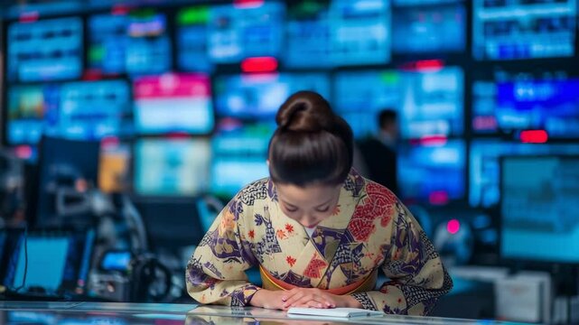 ニューススタジオで報道を担当する舞妓キャスター