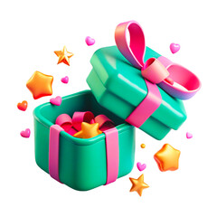 Open teal gift box with pink ribbon and floating stars and hearts