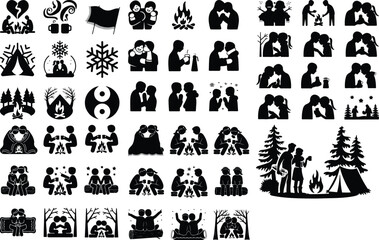 Romantic Winter Camping Icon Set – Cold Weather Couple Silhouettes Couple Sitting in Winter Camp Silhouette Icons – Love in Snowy Outdoors