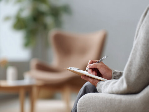 Closeup of hands writing on a clipboard with a pen in a calming, neutraltoned room. Represents reflection, planning, therapy, or documentation in a serene setting.