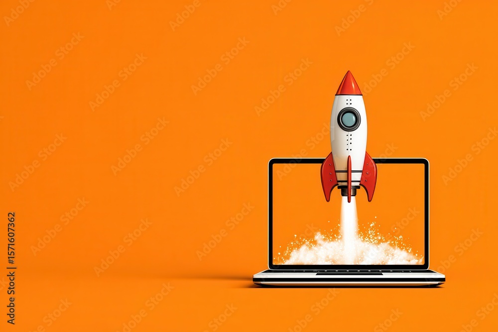 Fototapete rocket launches from laptop screen creating a vibrant display against an orange backdrop, symbolizin