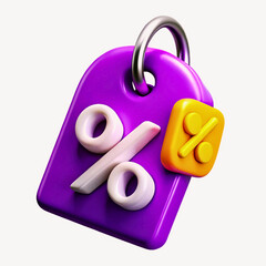 3d purple discount tag with percentage symbols and metal ring