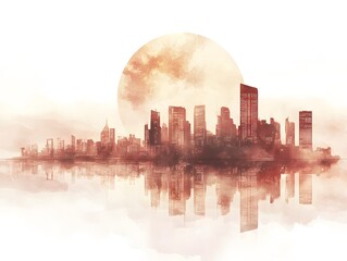 Fototapeta premium Serene Cityscape Watercolor, Sunset Reflection