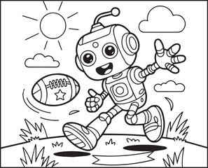 Robot coloring page for kids, cheerful robot playing football black line art vector illustration for children coloring book design