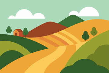 Obraz premium Soft Hills With Small Layered Farms And Dirt Road
