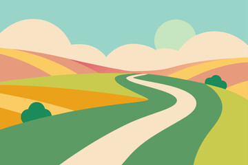 Rural Road Winding Through Spring Fields Filled With Flowers