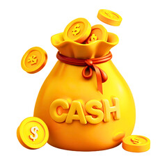 Golden money bag overflowing with cash and flying coins