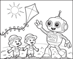 Robot coloring page for kids, cute robot flying kite with kids black line art vector illustration for children coloring book design