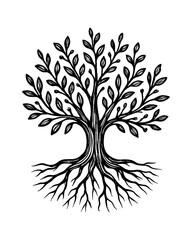 Fototapeta premium Stylized Tree with Roots and Branches in Black and White Detailed Engraving Style
