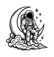 Fototapeta premium Astronaut Sitting on Crescent Moon Among Stars and Clouds in Detailed Black and White Art