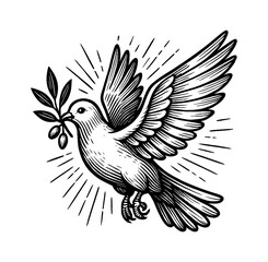 Obraz premium Dove Flying with Olive Branch in Engraved Style, Symbol of Peace and Hope
