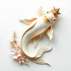 Elegant fish sculpture surrounded by cherry flowers high resolution picture