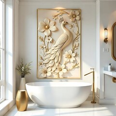 Golden peacock sculpture wall art for bathroom high resolution image