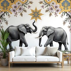 Golden elephants floral wall in living room high resolution image