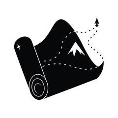 Rolled map illustration,  mountain peak journey, adventurous path,  bold black silhouette, minimalist design,  planning travel concept,  directional arrow,  isolated on white background.