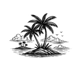 Obraz premium Black and White Engraving Style Illustration of a Tropical Island with Palm Trees, Clouds and Birds