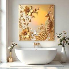 Luxurious golden peacock bathroom wall decor design high resolution image