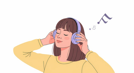 Woman listening music with headphones illustration for relaxation and enjoyment concept