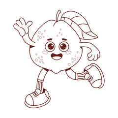 Outline Cute Guava Fruit Groovy Character. Funny tropical retro personage with arms and legs. Line drawing, coloring book. Vector illustration. Kids collection