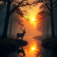 Mystical forest glow behind calm deer silhouette high resolution wallpaper