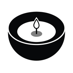 Serene Black and White Icon, Lit Candle in Bowl, Peaceful Mood, Simple Design, Minimalist Style, Spiritual Symbol, Meditation, Relaxation, Wellness, Spa, Yoga, Aromatherapy.