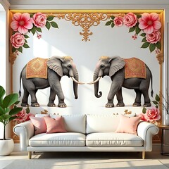 Ornamental elephants in luxury floral living room interior high resolution image