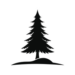 Simple Black Silhouette of a Pine Tree on a Hill, Minimalist Nature Icon, Serene and Peaceful Mood, Ideal for Eco,Friendly Branding, Vector Illustration.