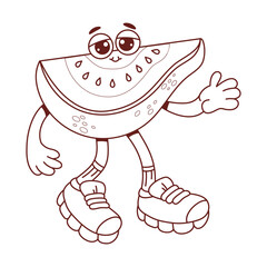 Outline Cute Slice Guava Fruit Groovy Character. Funny tropical retro personage. Line drawing, coloring book. Vector illustration. Kids collection