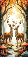 Two deer standing calmly in autumn forest high resolution image