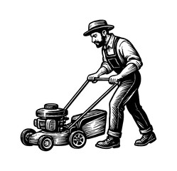 Man mowing lawn with a lawnmower, wearing hat and overalls, black and white vector illustration