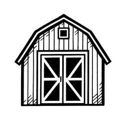 Simple Black and White Line Art Illustration of a Barn with Closed Doors and a Small Window