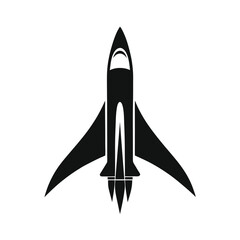 Sleek black spaceship icon, futuristic, minimalist design, powerful, upward motion, symbolizes innovation, technology, and speed, perfect for websites, presentations, and branding.