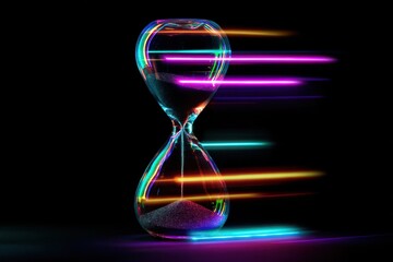 Colorful neon hourglass represents the fleeting concept of time with vibrant streaks illuminating a dark background