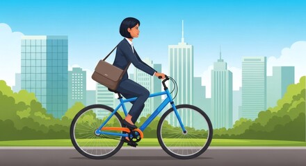 Businesswoman cycles in city, embracing green commute for efficiency and wellness