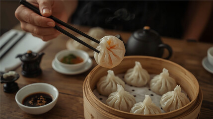 Steamed xiao long bao dumplings served in a bamboo basket, with a hand holding one using chopsticks. Traditional Chinese cuisine presented in a warm dining setting.