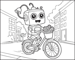 Robot coloring page for kids, cute robot riding a bicycle on city road black line art vector illustration for children coloring book design