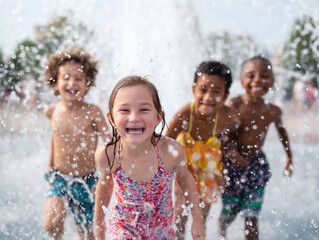 Joyful children splash in a fountain on a sunny day. Summertime fun, childhood innocence, and friendship. Perfect for family, travel, or health concepts.
