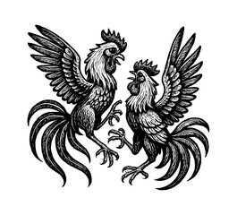 Two Roosters Facing Each Other in a Black and White Engraved Style Illustration