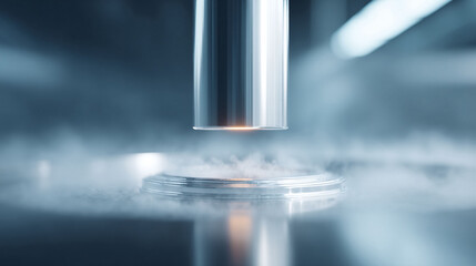 Abstract science concept. Cold cylinder with fog. Technology, innovation, research, or futuristic themes. Blue, silver tones. Evokes mystery  high tech feeling.