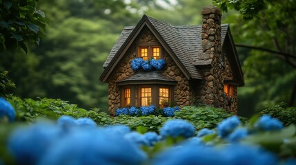 Miniature stone house nestled in vibrant blue hydrangea garden