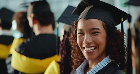 Students, happy woman and face at event for graduation, academic achievement or peers applause. University, person and line at award ceremony for acknowledgement, milestone or excited for development