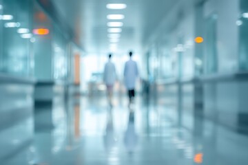 Blurred figures of a doctor and patient walking through a hospital corridor during a consultation in a modern healthcare facility