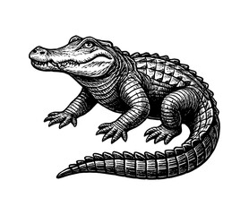 Obraz premium Detailed Black and White Engraving of an Alligator Isolated on White Background Vector Image