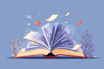 Creative flat design illustration celebrating World Book Day with an open book, floating pages, and whimsical nature elements in a colorful and inviting setting