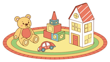 Obraz premium A teddy bear, toy car, block tower, and house illustration on a colorful circular rug design