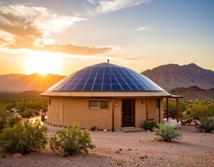 Dome house with solar panels at sunset (1)