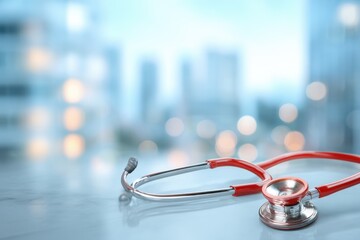 Stethoscope resting on a surface with a blurred city background in a healthcare setting showcasing professionalism and care in medical practice