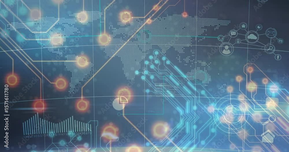 Poster world map fading in at start, orange nodes pulsing, circuits extending simulating global data flow