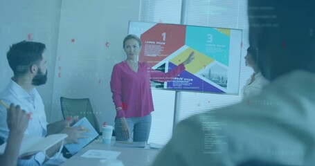 Pointing infographic on display presenter leading business discussion while colleague noting points - Powered by Adobe